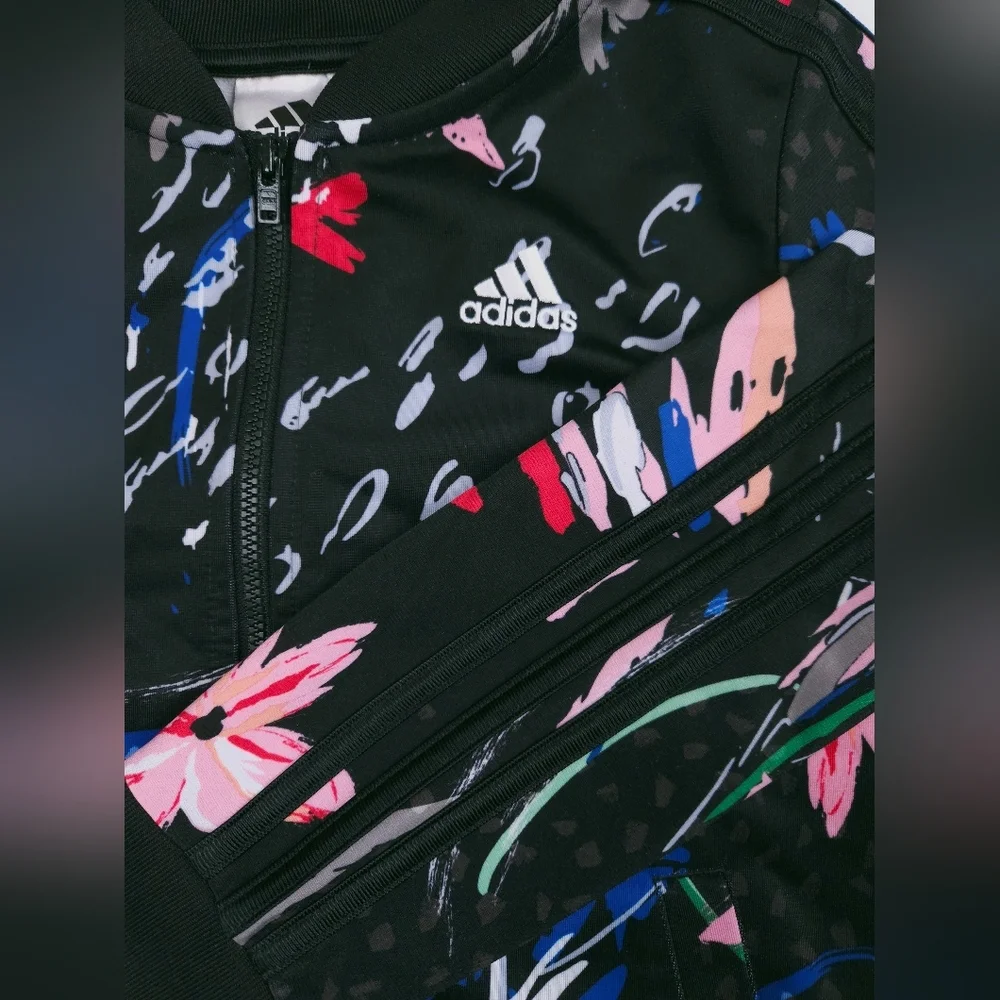Adidas Girls Black Pink Spring Floral Tricot Tropical Track Jacket Size 10-12